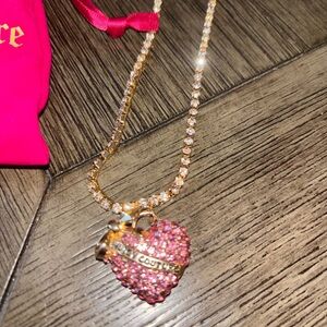Juicy Couture Gold Chain Necklace with Pink Crystal Heart Charm